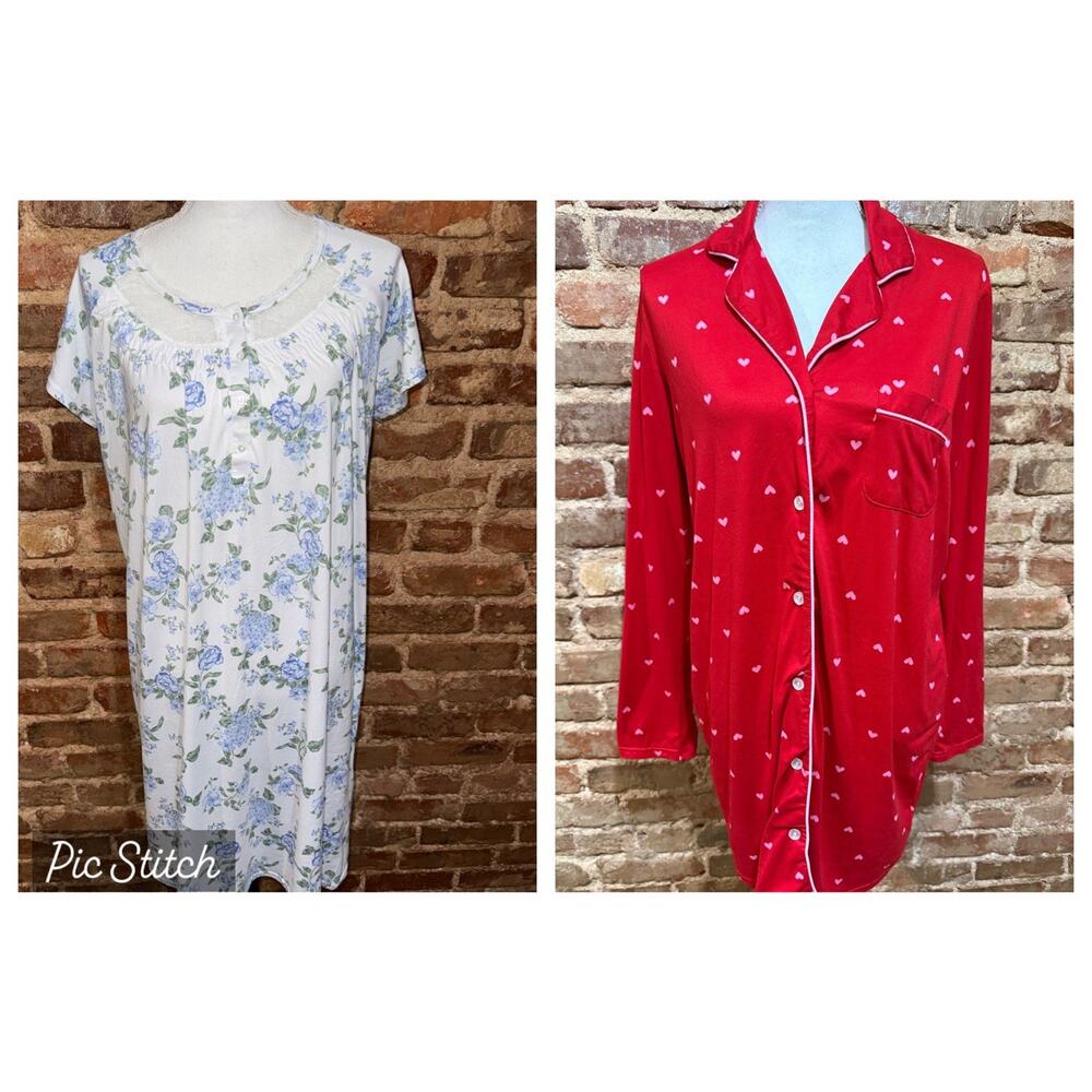 Laura Ashley Lot of 2 Nightgowns Blue Hydrangeas Lace NWT & Red Heart Shirt Sz M